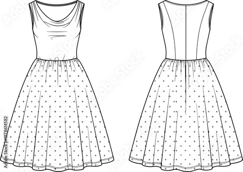 Sleeveless midi dress fashion technical drawing front and back view with pleated skirt pattern flat vector illustration