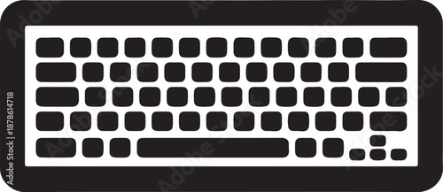 Icon of a black and white computer keyboard set against a white background, representing modern technology