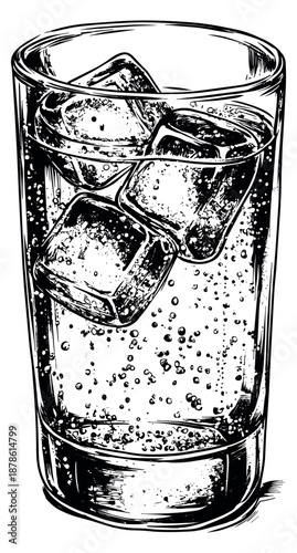 Hand drawn line art illustration of a glass of fizzy drink depicting refreshing bubbles and ice cubes for beverage menus