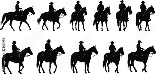 Cowboy Riding Horse Silhouette Set Collection Western Ranch Rider Poses Black Vector Isolated Illustration