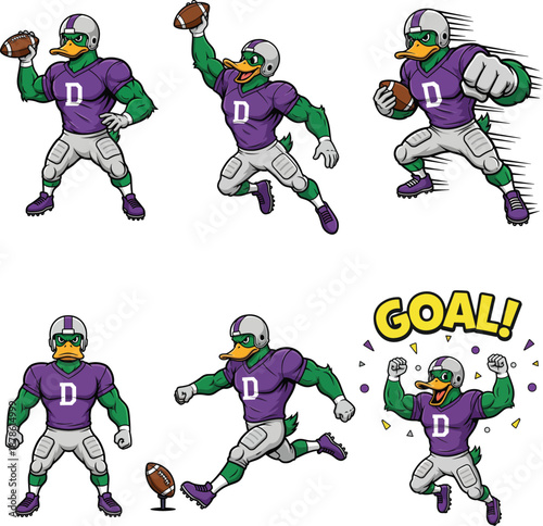 Football Championship Duck Mascot Vector Set, 6 Action Poses, Helmet and Jersey, Cartoon American Football Player Character