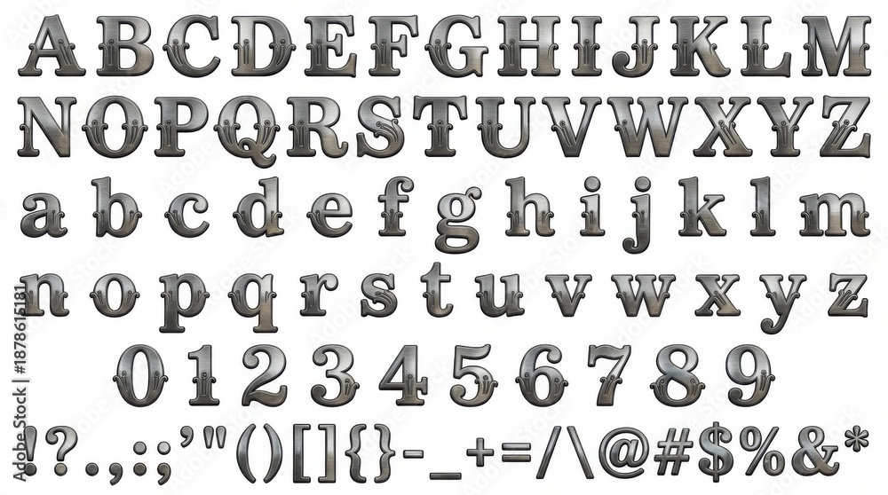 Fototapeta premium font alphabet in brushed metal style from a to z numbers punctuation isolated on white background