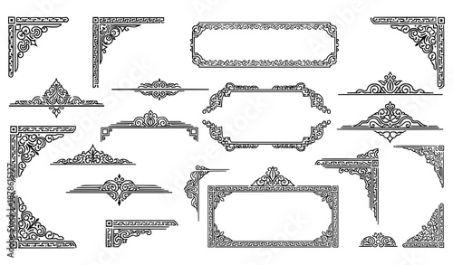 Antique asian golden borders and frames oriental vintage ornament set