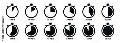 Timer and stopwatch icons. Time clock, Label cooking time. Vector. Chronometer stopping hour, minute, second symbols. Illustration of speed countdown and intervals, alarm set