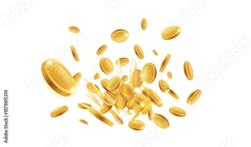 Realistic gold coins explosion jackpot reward concept