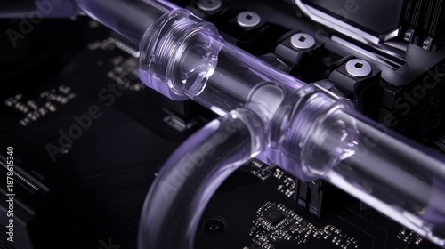 Close-up of transparent liquid cooling tubing on a circuit board