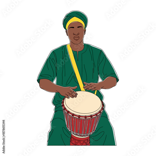 Traditional african man wearing green robes and a yellow wrapped headdress actively playing a djembe drum solo on transparent background