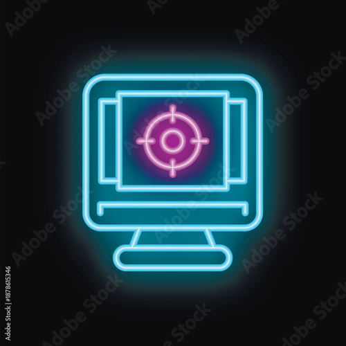 Neon icon of a computer screen showing targeting marketing strategy, suitable for apps or websites