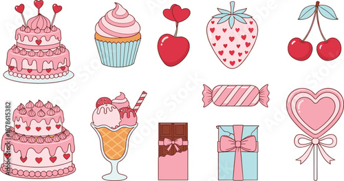 Set of flat vector illustrations featuring a fresh raw salmon steak fillet, a traditional wicker picnic basket, and a green alpine hat with a feather, perfect for outdoor recreation and food themes.