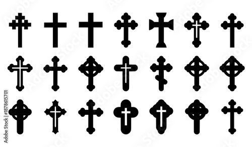 Christian cross silhouette icon collection with religious symbols in solid black vector design