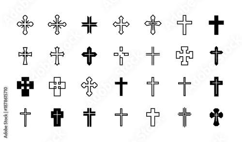 Modern Christian cross icon grid with decorative religious faith symbols in clean vector style