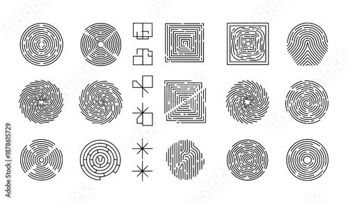 Abstract fingerprint icon collection with geometric biometric symbols in editable stroke vector design