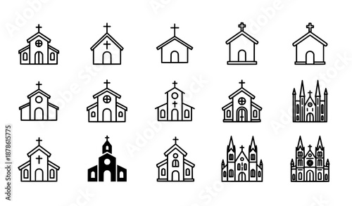 Church and chapel icon grid with religious building symbols in modern line and filled vector design