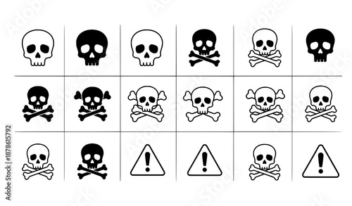 Skull and crossbones icon grid with human skull warning symbols in modern flat vector style