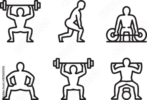 Six simple line drawings depicting various gym exercises including squats, lunges, and lifts with dumbbells and barbells