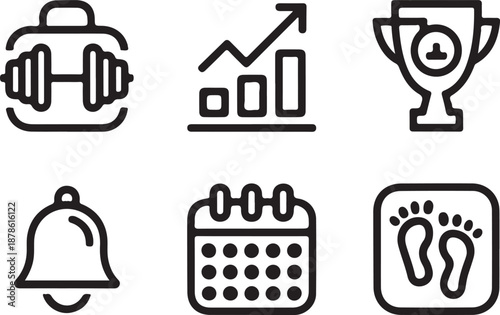 Collection of icons representing fitness, success, scheduling, and tracking for goals and progress