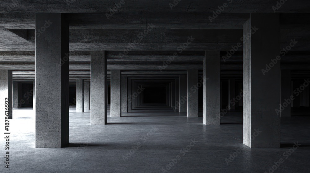 Fototapeta premium Empty, concrete underground parking garage