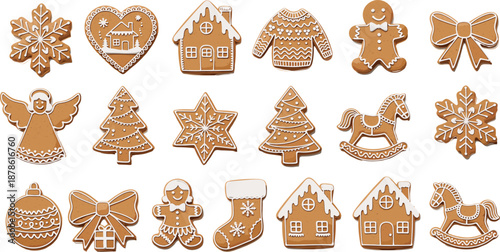 Large set of Christmas gingerbread cookies with white icing including gingerbread man, snowflakes, stars, trees, houses, rocking horse, and festive winter holiday elements on white.