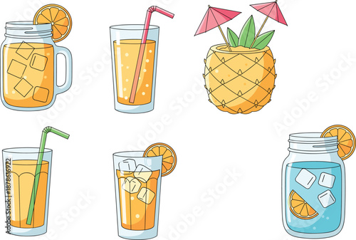 Professional vector illustration set of tropical summer drinks featuring fruit juices, iced cocktails in mason jars, and a pineapple drink.