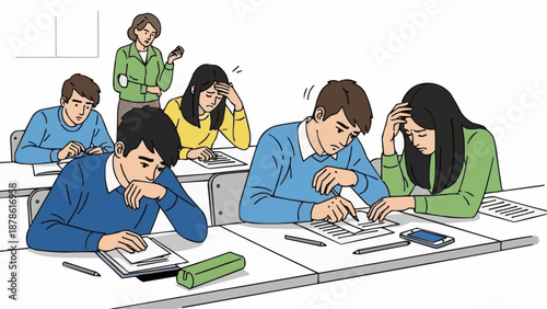 Students struggling with difficult test in classroom setting.