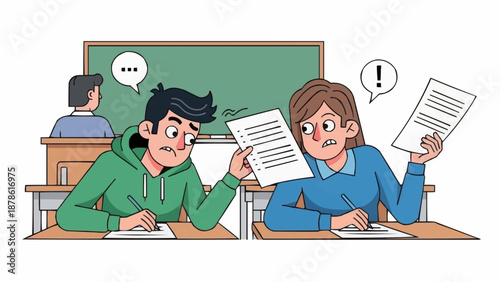 Students struggling with exam papers in a classroom setting.