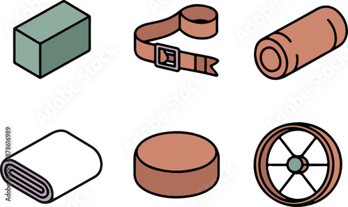 An illustration of various industrial components and materials including a block, belt, pipe, roll, cylinder, and wheel