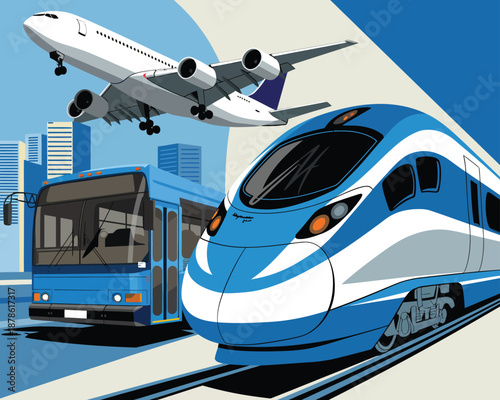 Diverse Transportation Methods Airplane, Bus, and High-Speed Train