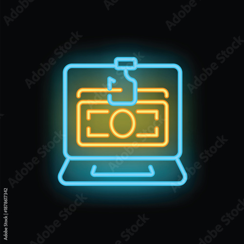 Neon sign representing the concept of online phishing, with a fishing rod pulling a banknote from a laptop screen