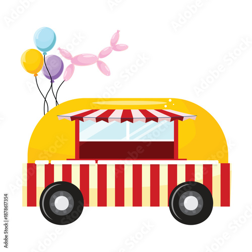 Cartoon food caravan with serving window, wheels, canopy, decorative balloons, perfect for fast food festival posters