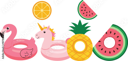 Summer pool float vector set with flamingo, unicorn, pineapple, watermelon, and citrus inflatables in flat colorful illustration style