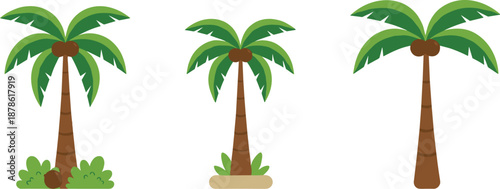 Flat tropical palm tree vector set in different styles, summer nature icons isolated on white background for travel and beach designs