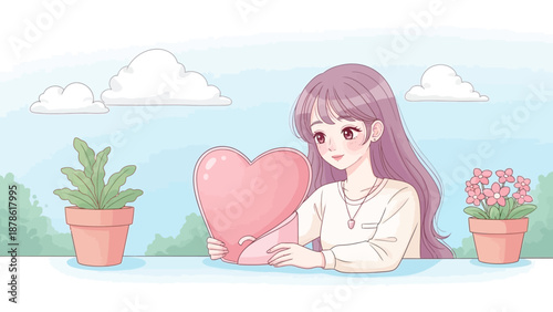Anime Girl Holding Pink Heart Among Plants, Cute Kawaii Illustration
