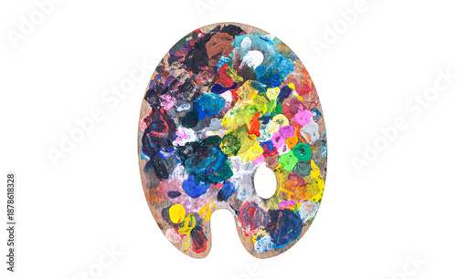 A traditional artist's palette with bright strokes of oil and acrylic paint, without a background. A clean, flat object for art, education, creativity, and design.
