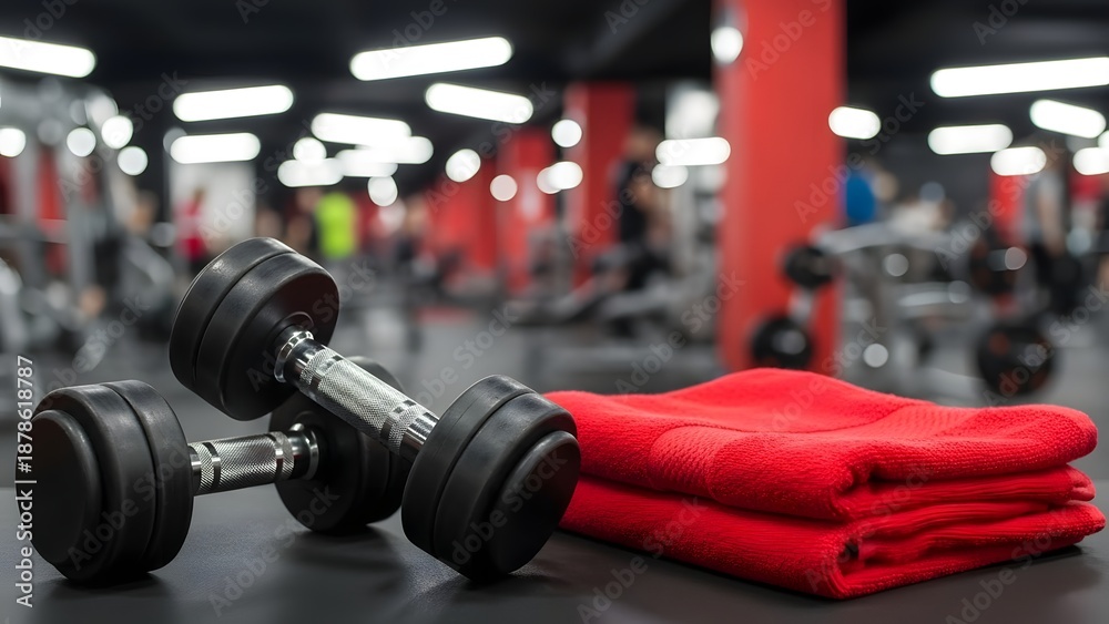 Fototapeta premium Dumbbells and Red Towel in Modern Gym Interior
