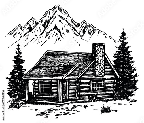 Hand drawn line art illustration of a log cabin in a mountain landscape depicting a rustic wilderness scene for outdoor adventure and nature themes