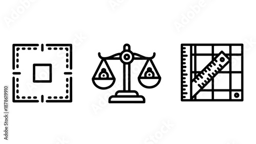 Design Layout and Legal Measurement Icons Featuring Layout Guides Scales of Justice and Drafting Tools