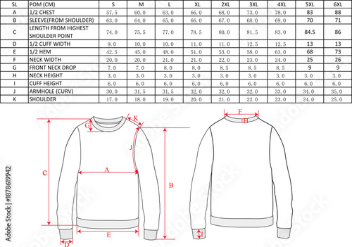 Sweet shirt size chart, flat sketch, mock up, editable mock up