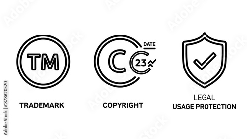 Legal protection and intellectual property icons including trademark symbol copyright and usage protection shield