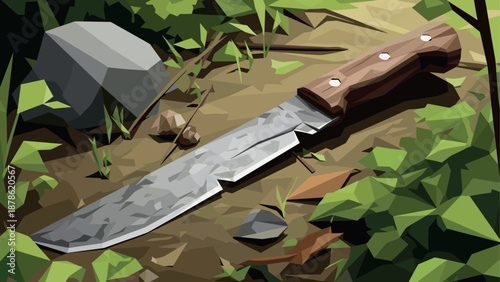 Polygonal art hunting knife in nature setting with detailed textures and green foliage