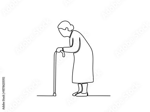 Elderly woman using a cane on in line art