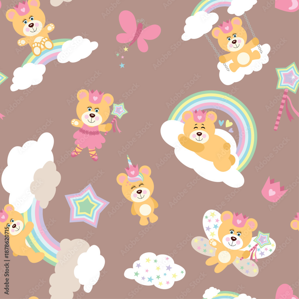 Obraz premium Seamless Pattern off Whimsical Teddy Bear Princesses