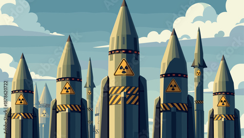 Cartoon nuclear missiles against cloudy sky background