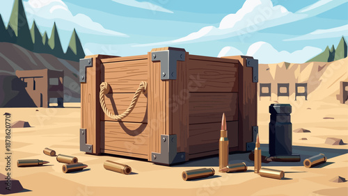 Wooden ammo crate in desert shooting range with bullets and mountains in background