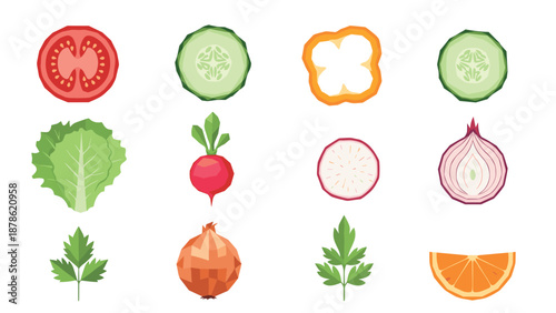 Colorful geometric vegetables and fruits collection