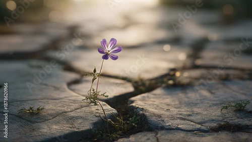 A small purple flower growing through cracked dry earth in a desolate landscape