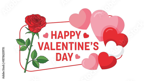 A charming Valentine's Day illustration with a red rose, assorted hearts, and a 'Happy Valentine's Day' greeting, perfect for love and romance