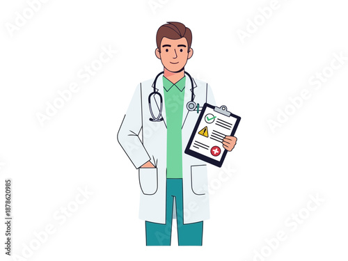 Smiling doctor cartoon character holding clipboard for healthcare and medicine