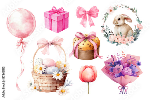 Collection of watercolor Easter elements. Gifts with watercolor bunnies, spring bouquets, colorful eggs and floral arrangements. Easter elements for posters, cards, banners, etc. Vector illustration.