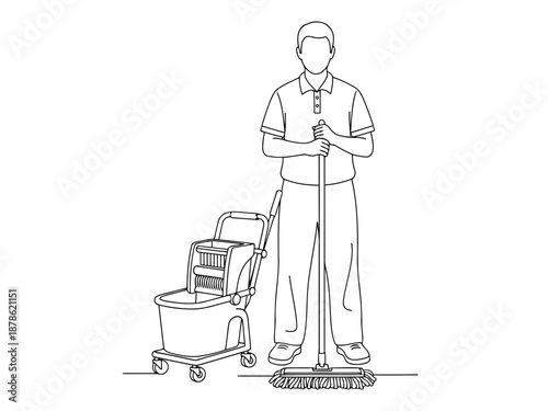 A man pushing a mop bucket cart for cleaning purposes effectively