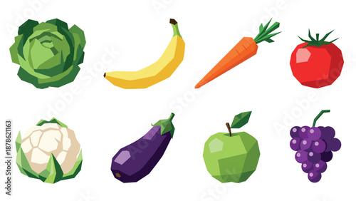 Low poly vegetables and fruits collection: vibrant geometric designs